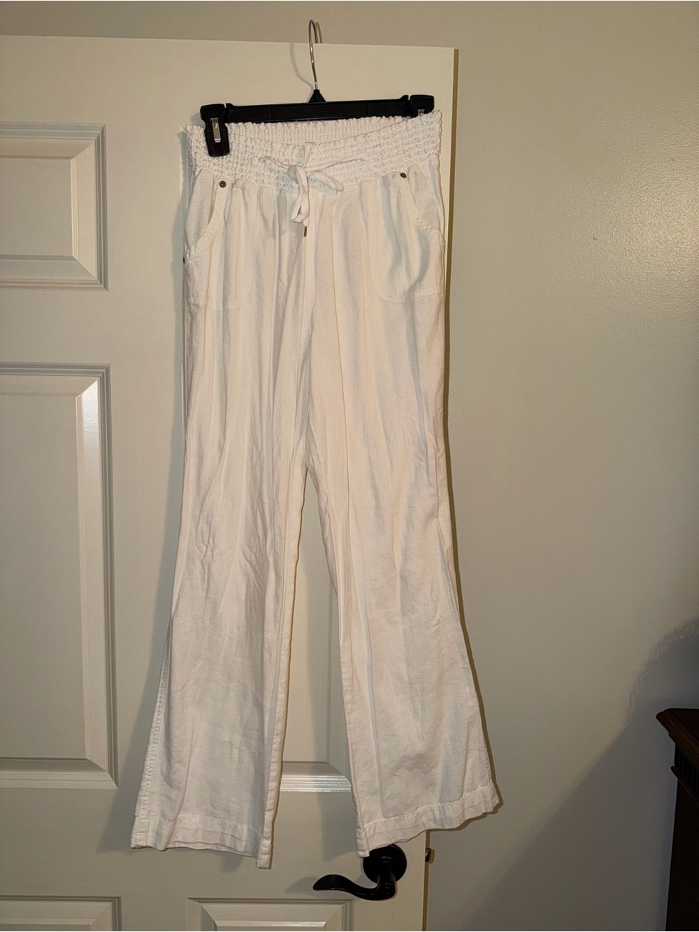 White Smocked-Waist Women’s Wide-Leg Linen Pants